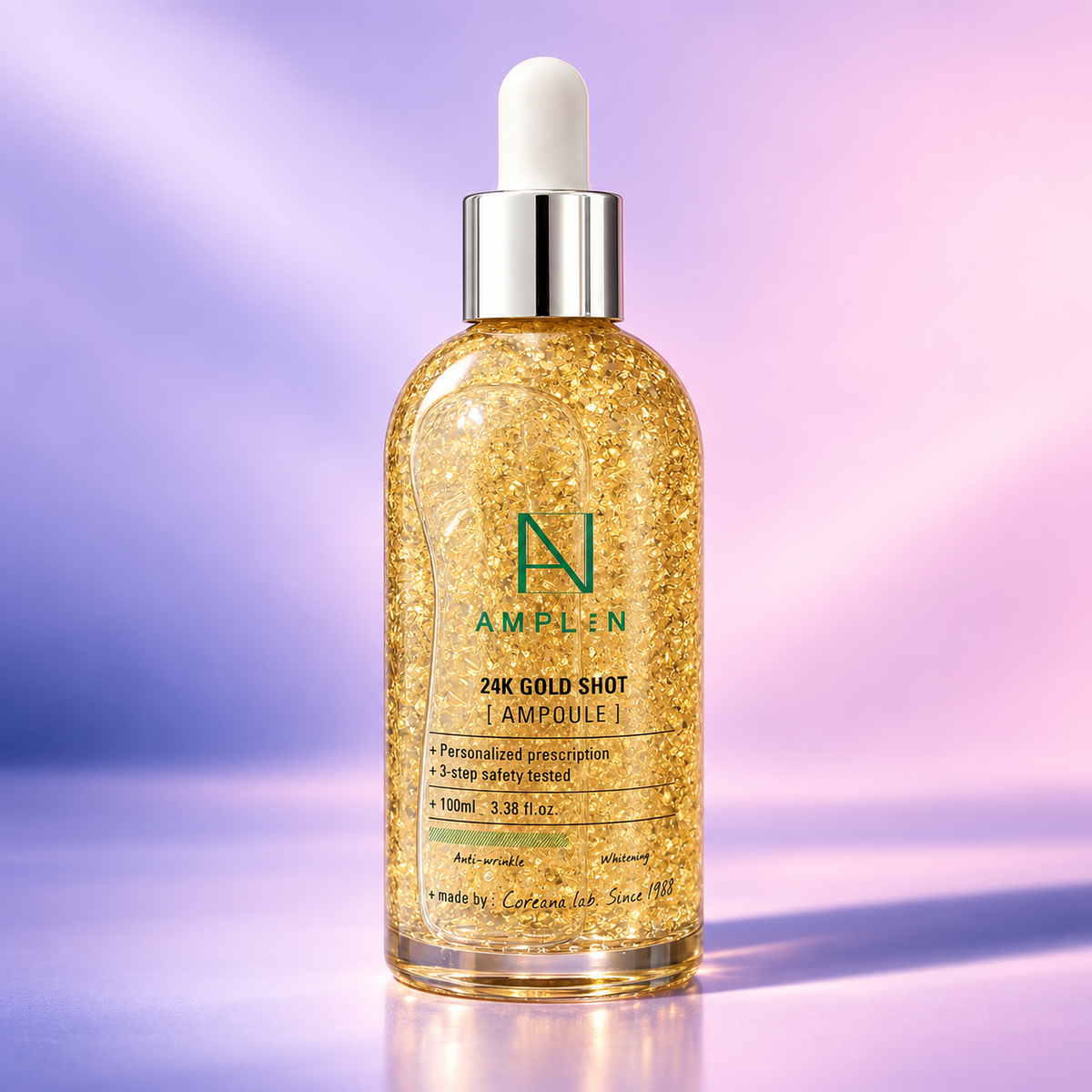 AMPLE:N 24K Gold Shot Ampoule 100 mL front view on lavender background