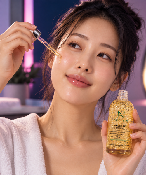Woman applying AMPLE:N 24K Gold Shot Ampoule serum